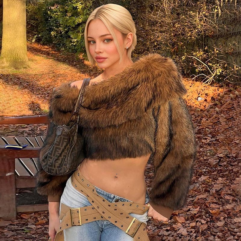 MB10113 Brown Faux Fur Off-The-Shoulder Cropped Top