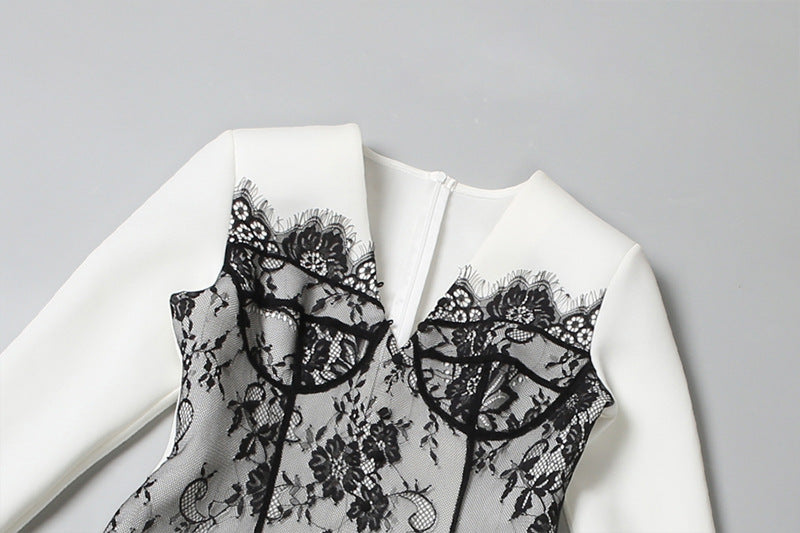 MB1130 White & Black Contrast Lace Mini Dress