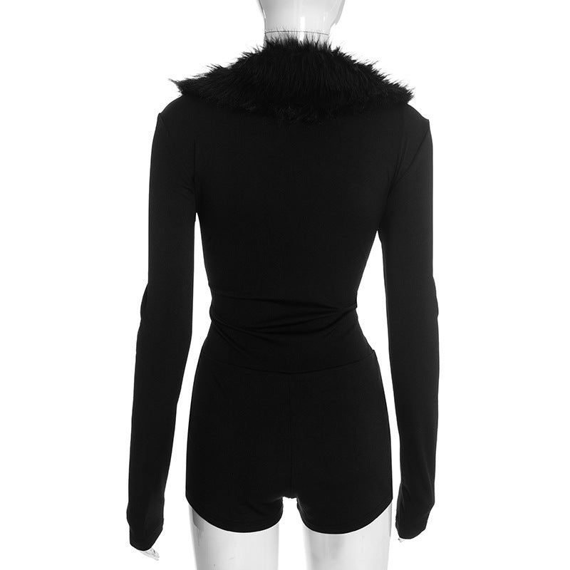 MB10145 Women’s Black Faux Fur Trim Romper