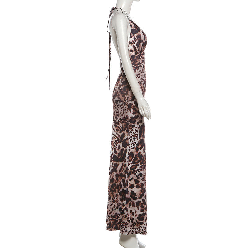 MB1166 Leopard Print Halter Maxi Dress | Chain Strap Backless Bodycon Gown