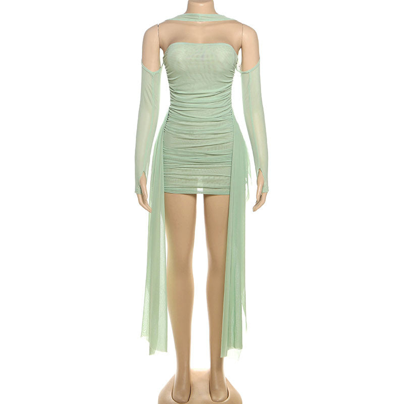 MB1808 Women's Ruched Tulle Sleeve Mini Dress