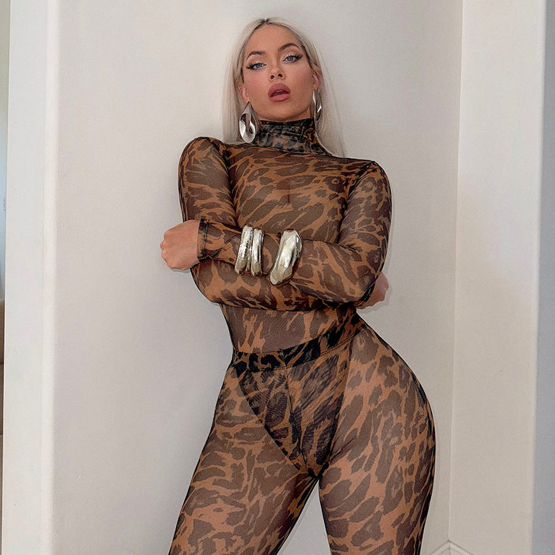 MB1060 Leopard Mesh Jumpsuit & Leggings Two-Piece Set for Women