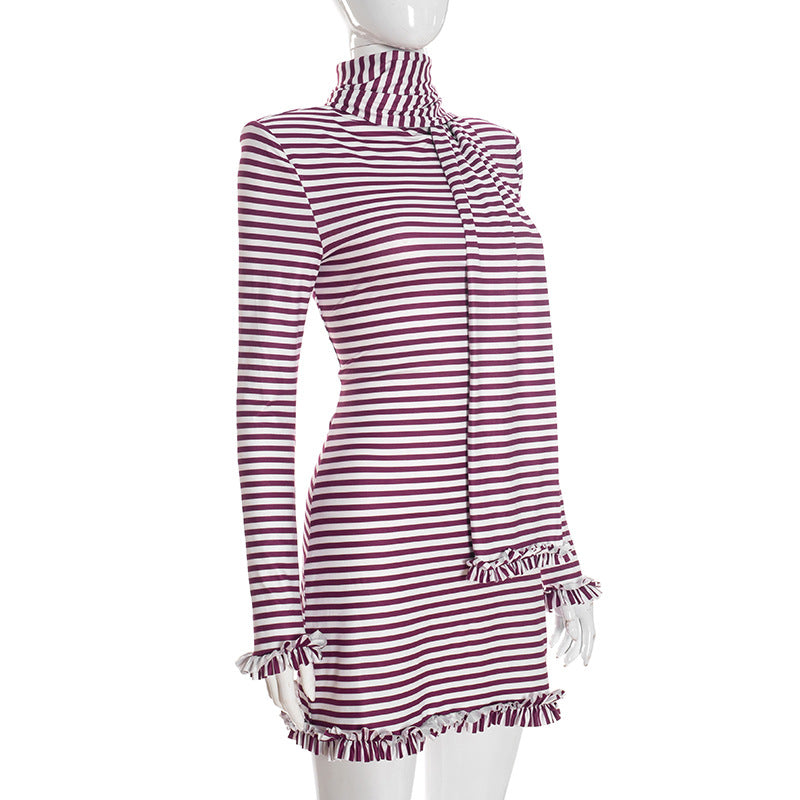 MB1433 Striped Turtleneck Mini Dress with Matching Scarf
