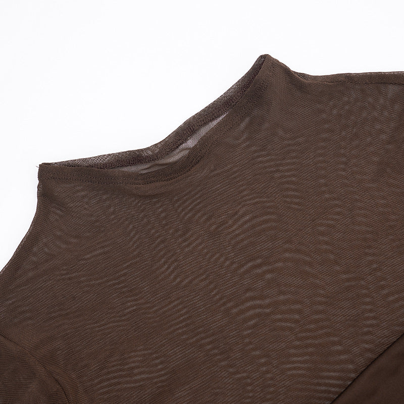 MB1409 Mock Neck Sheer Mesh Ruched Mini Dress for Women