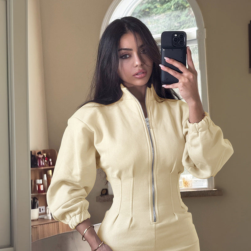 MB10107 Long Sleeve Stand Collar Waist-Cinched Hoodie Dress