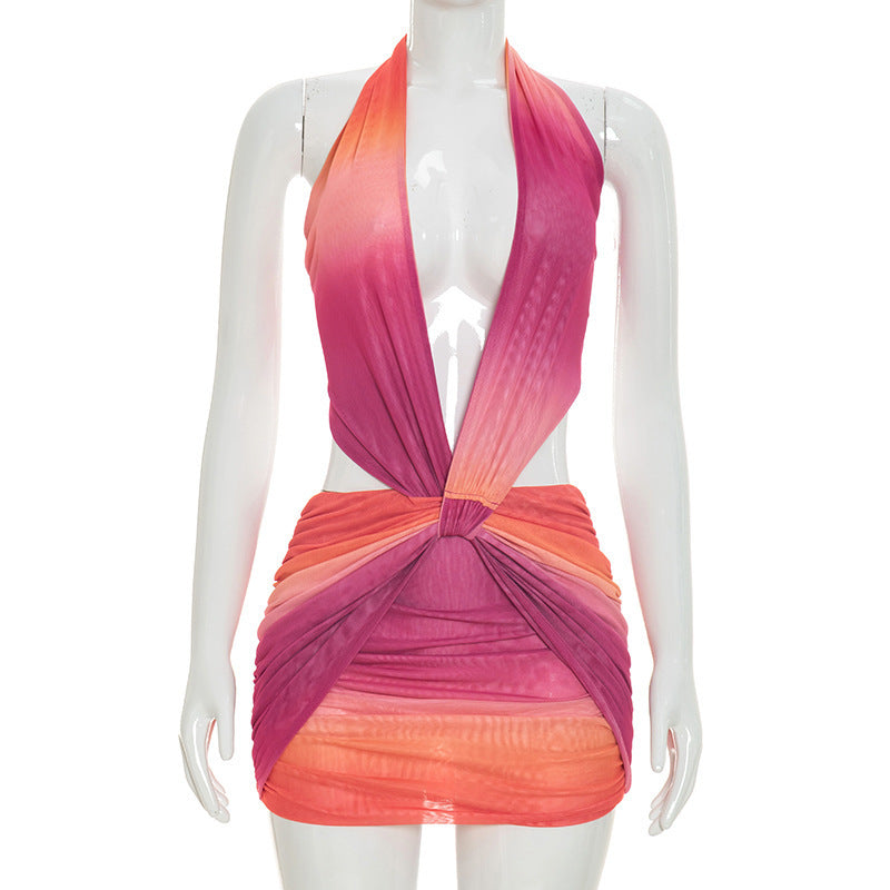 MB1463 Halter Deep‑V Cut‑Out Waist 2‑Piece Mesh Mini Skirt Set