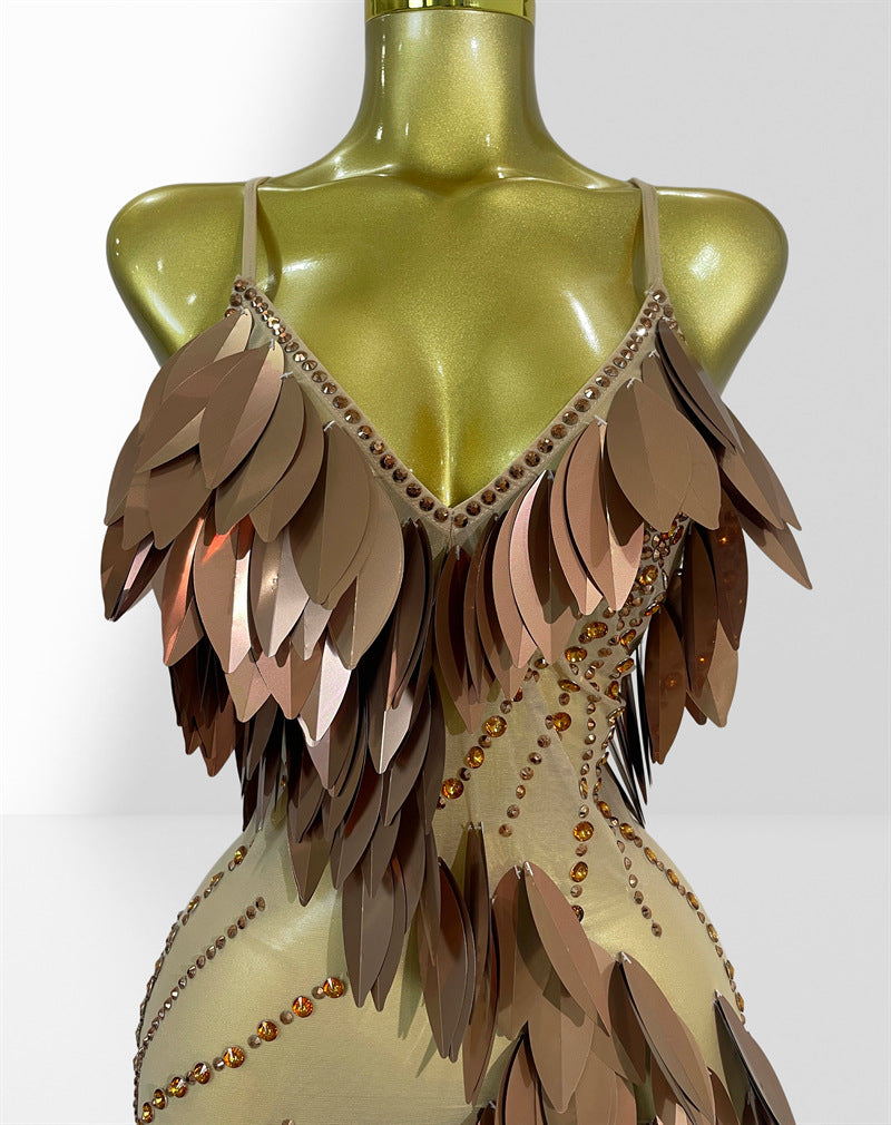 MB2103 Brown Acrylic Feather Mini Dress, Party Performance Gown