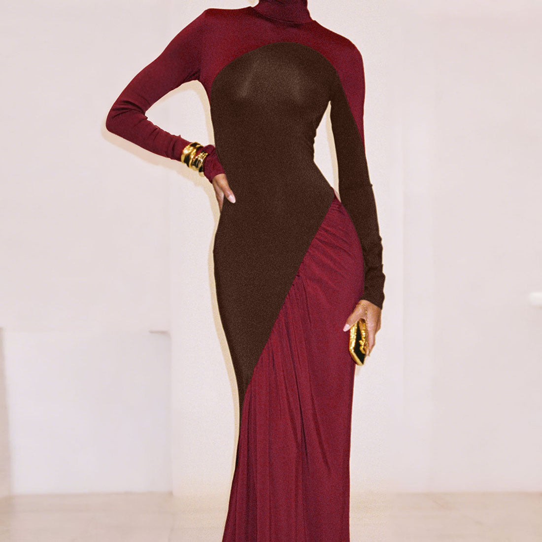 MB1515 Color Block Turtleneck Maxi Dress