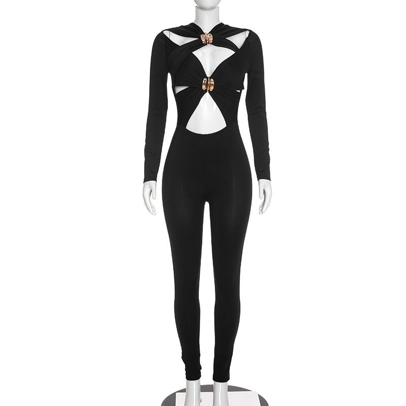 MB10201 Women Black Cut‑Out Long‑Sleeve Jumpsuit