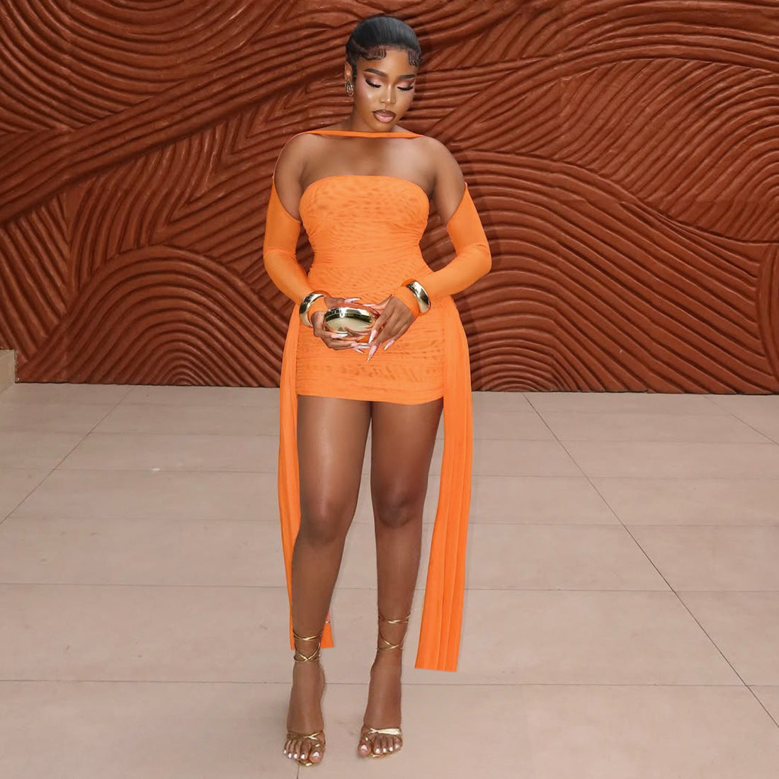 MB1808 Women's Ruched Tulle Sleeve Mini Dress