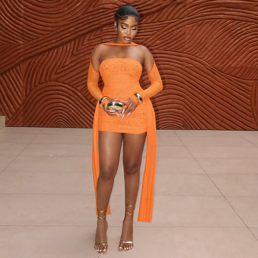 MB1808 Women's Ruched Tulle Sleeve Mini Dress