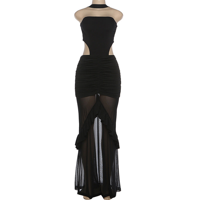 MB1517 Halter Cutout Ruched Mesh Maxi Dress