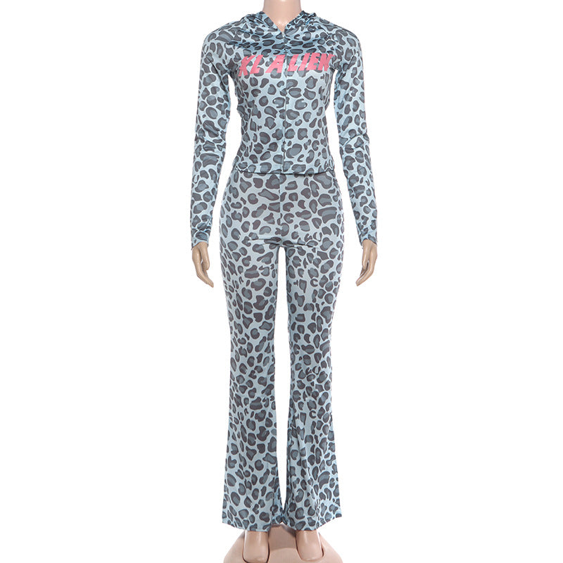 MB1830 Women's Leopard Print Zip Up Hoodie & Flared Pants 2 Piece Set