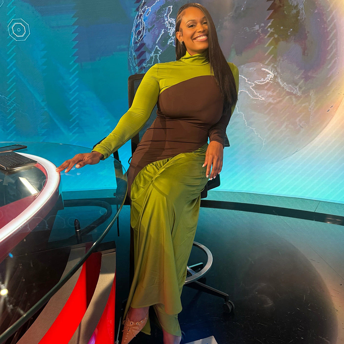 MB1515 Color Block Turtleneck Maxi Dress