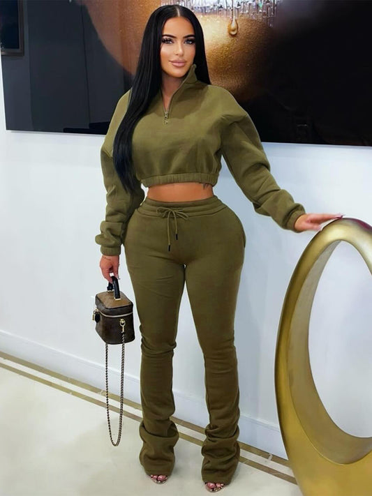 MB1719 Women’s Crop Hoodie & Flare Pants 2-Piece Tracksuit Set