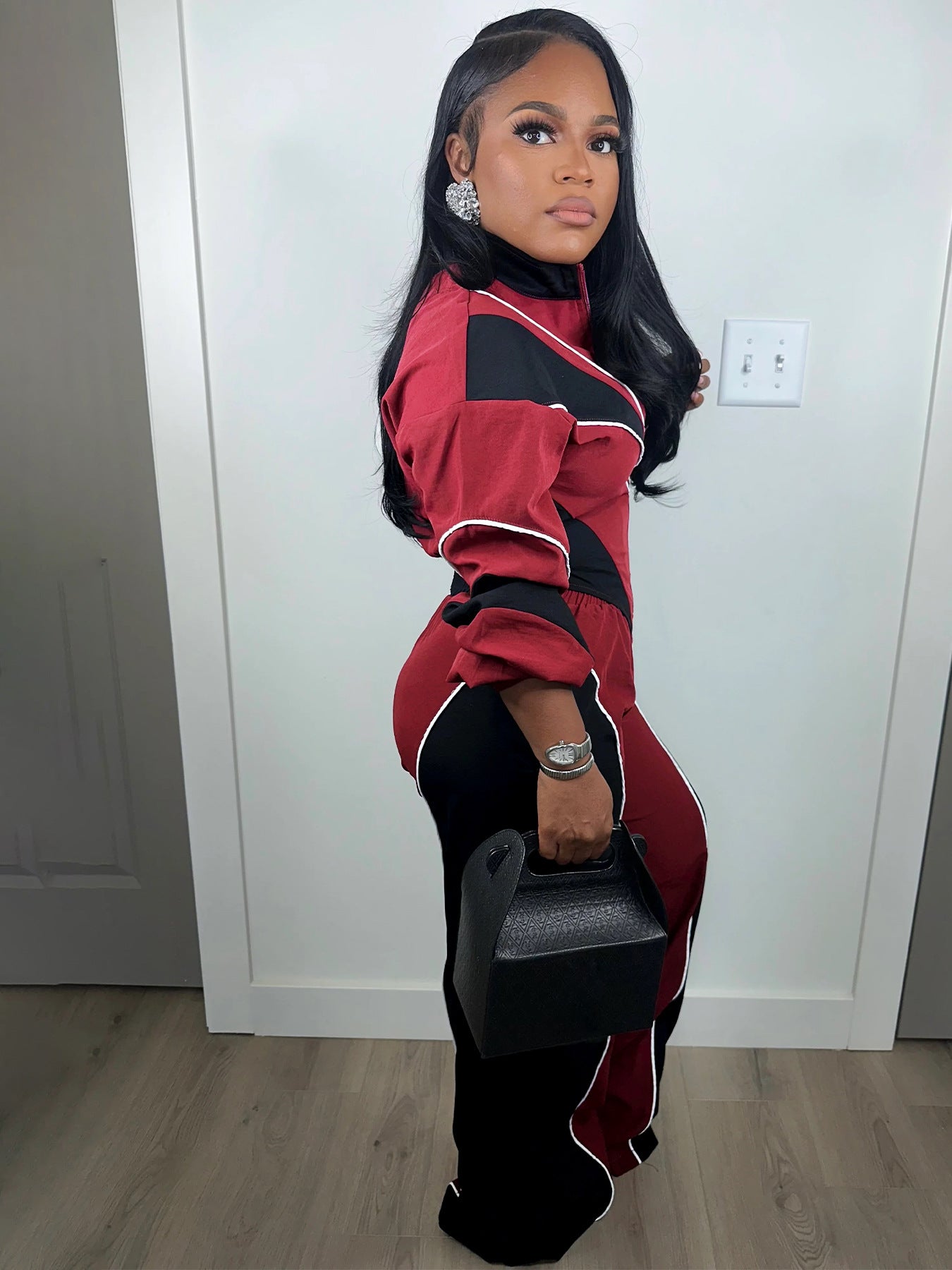 MB1705 Color Block Crop Jacket & Wide Leg Pants Two-Piece Set for Women