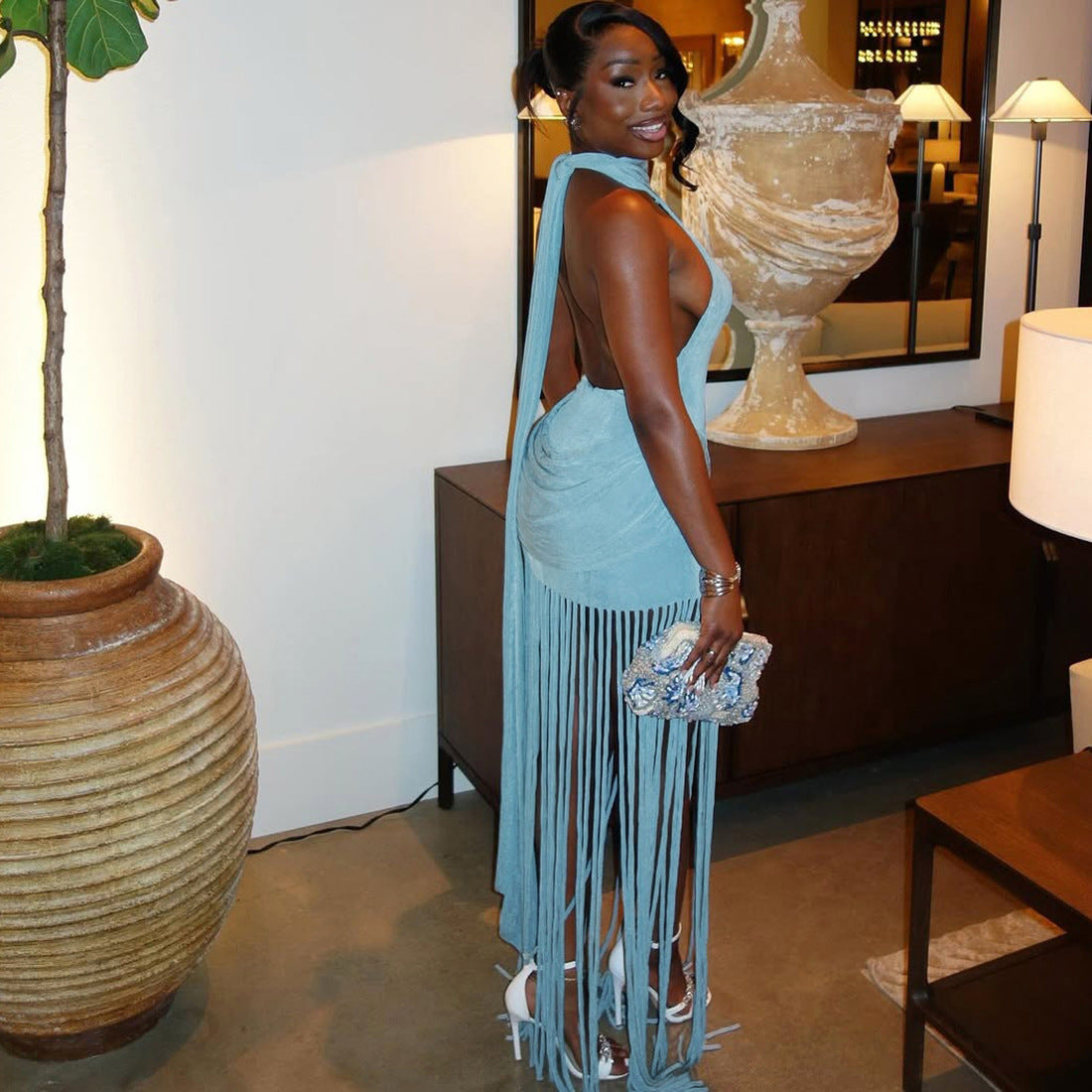 MB1158 Women's Halter Neck Maxi Dress with Long Fringe Tassels