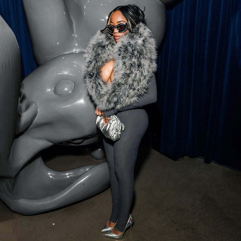 MB1065 Bodycon Jumpsuit with Faux Fur Collar & Footed Design