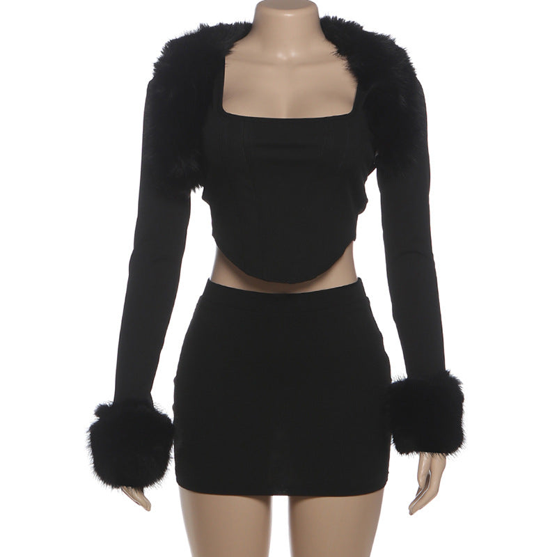 MB1813 Women's Faux Fur 3-Piece Set Crop Top Mini Skirt Long Sleeve Shrug