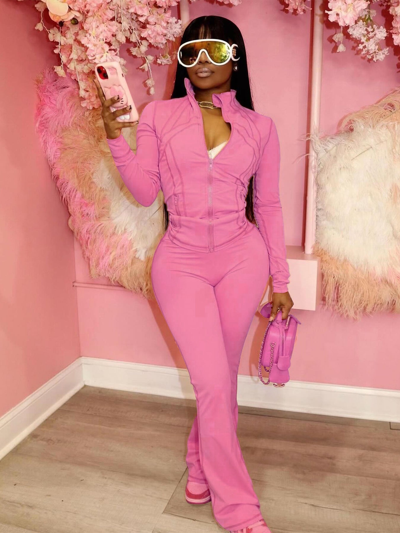 MB1709 Bodycon Long Sleeve Jacket & Flared Leg Pants Two-Piece Set for Women