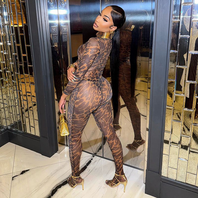MB1060 Leopard Mesh Jumpsuit & Leggings Two-Piece Set for Women