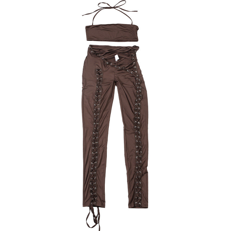 MB1807 Women's Nude Halter Bandeau Crop Top & Waist-Leg Lace-Up High-Waist Leggings Two-Piece Outfit