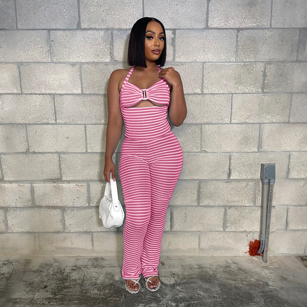 MB1220 Jacquard Stripe Crop Top & Wide Leg Pants Two Piece Set