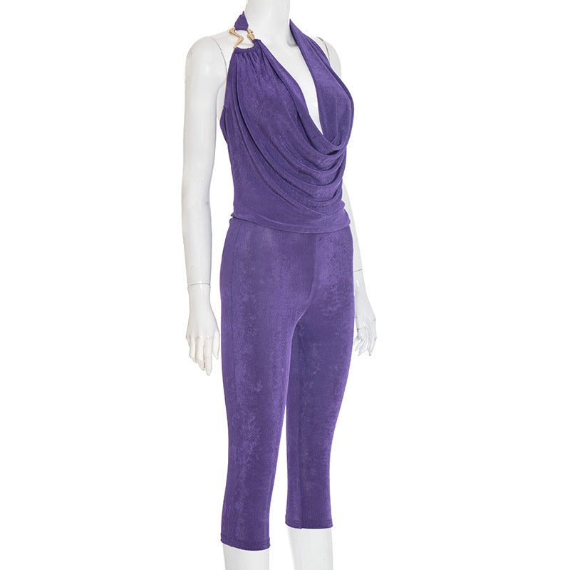 MB1055 Women's Draped Neck Top and Skinny Pants Two-Piece Set