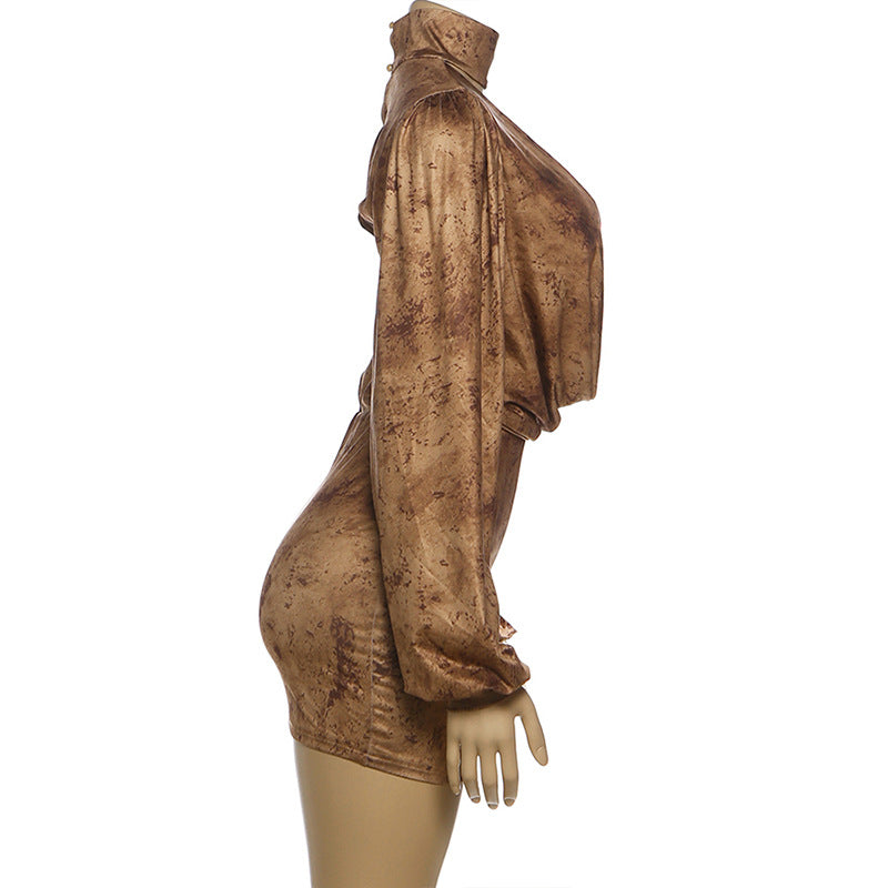 MB1510 Bronze Print Turtleneck Deep V Mini Dress