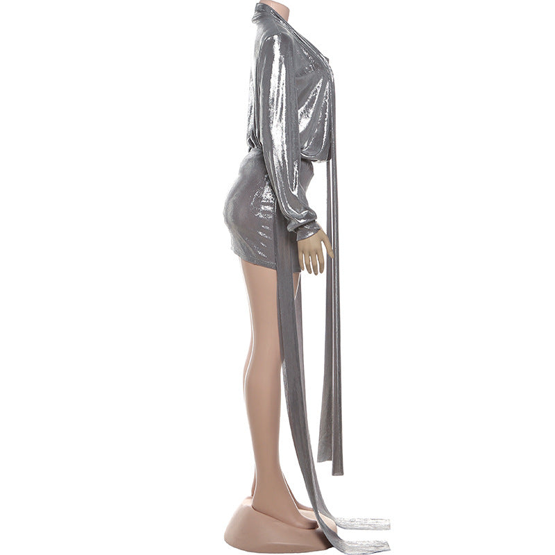 MB1509 Metallic 2-Piece Set: Long Sleeve Wrap Top and Bodycon Mini Skirt