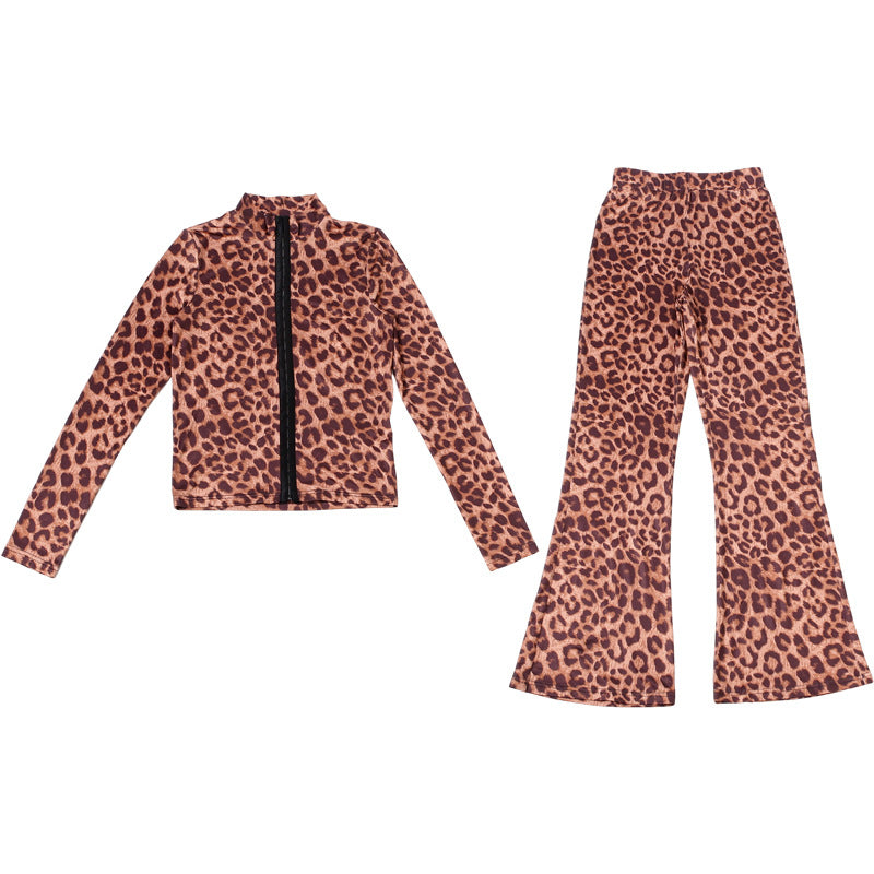 MB1160 Women's Leopard Print Long Sleeve High Neck Crop Top with Flared Pants