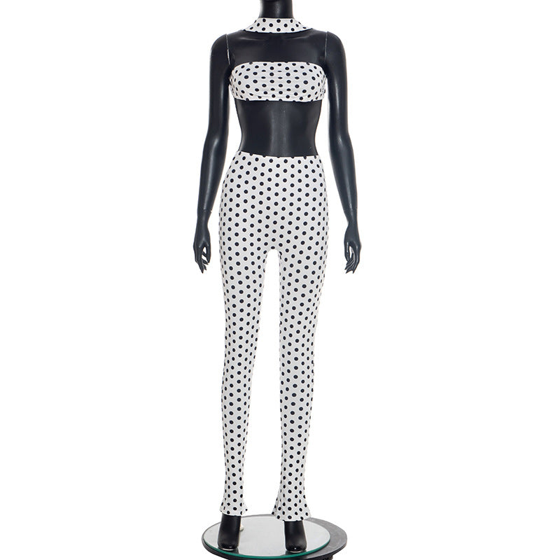 MB10168 Polka Dot 2 Piece Outfit Women | Halter Choker Tube Top & Ruched Flare Skinny Pants Matching Set