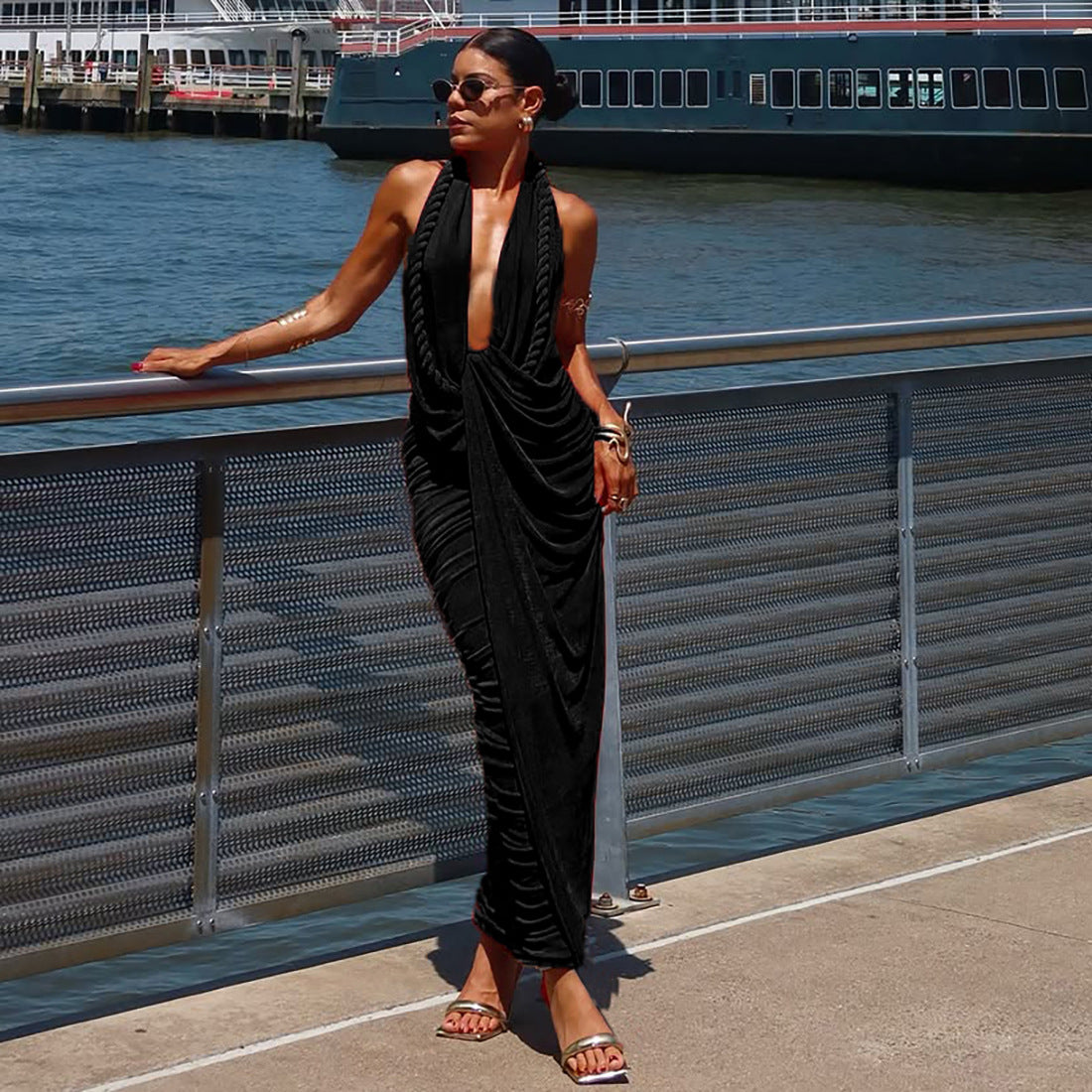 MB1533 Women's Halter Neck Ruched Maxi Dress