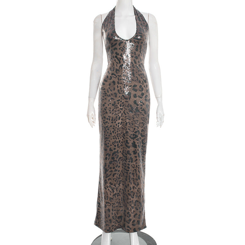 MB10108 Leopard Sequin Halter Backless Maxi Dress