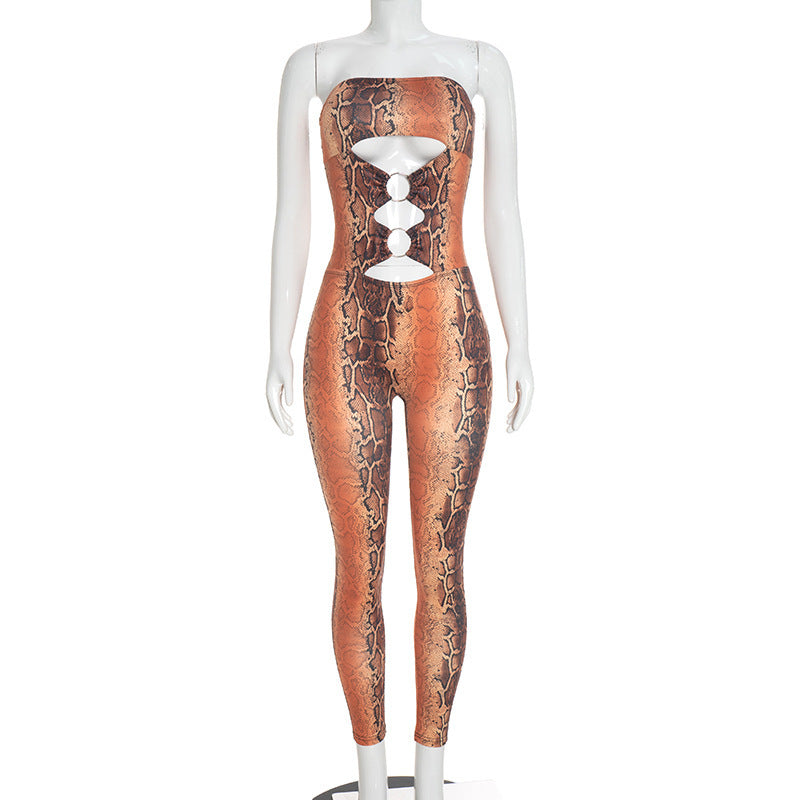 MB10192 Women Snake‑Print Strapless Bodycon Jumpsuit