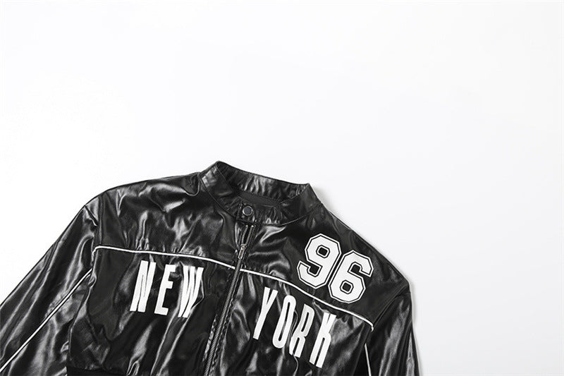 MB1106 Black Cropped PU Leather Bomber Jacket