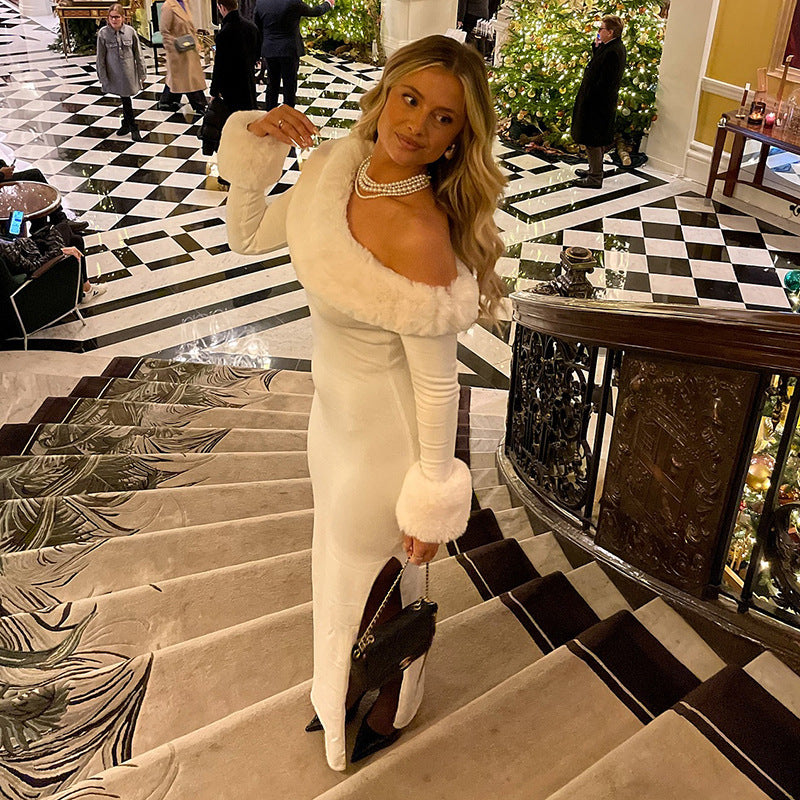 MB1419 White Faux Fur Trim Bodycon Maxi Dress for Women