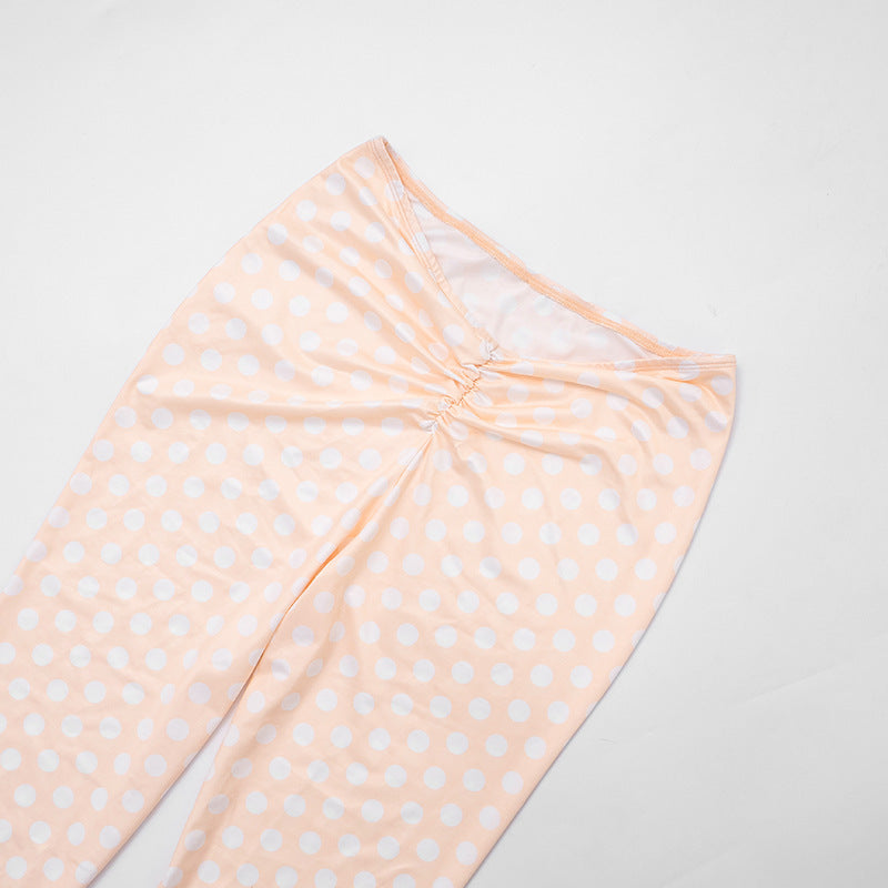 MB10168 Polka Dot 2 Piece Outfit Women | Halter Choker Tube Top & Ruched Flare Skinny Pants Matching Set