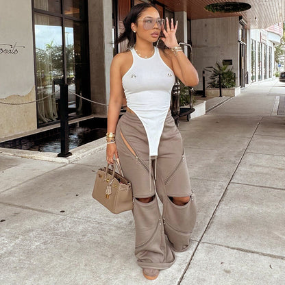 MB1020 Women Wide-leg Pants with Zips