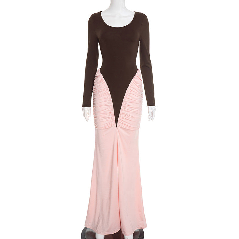 MB10120 Brown & Pink Color Block Maxi Dress for Women