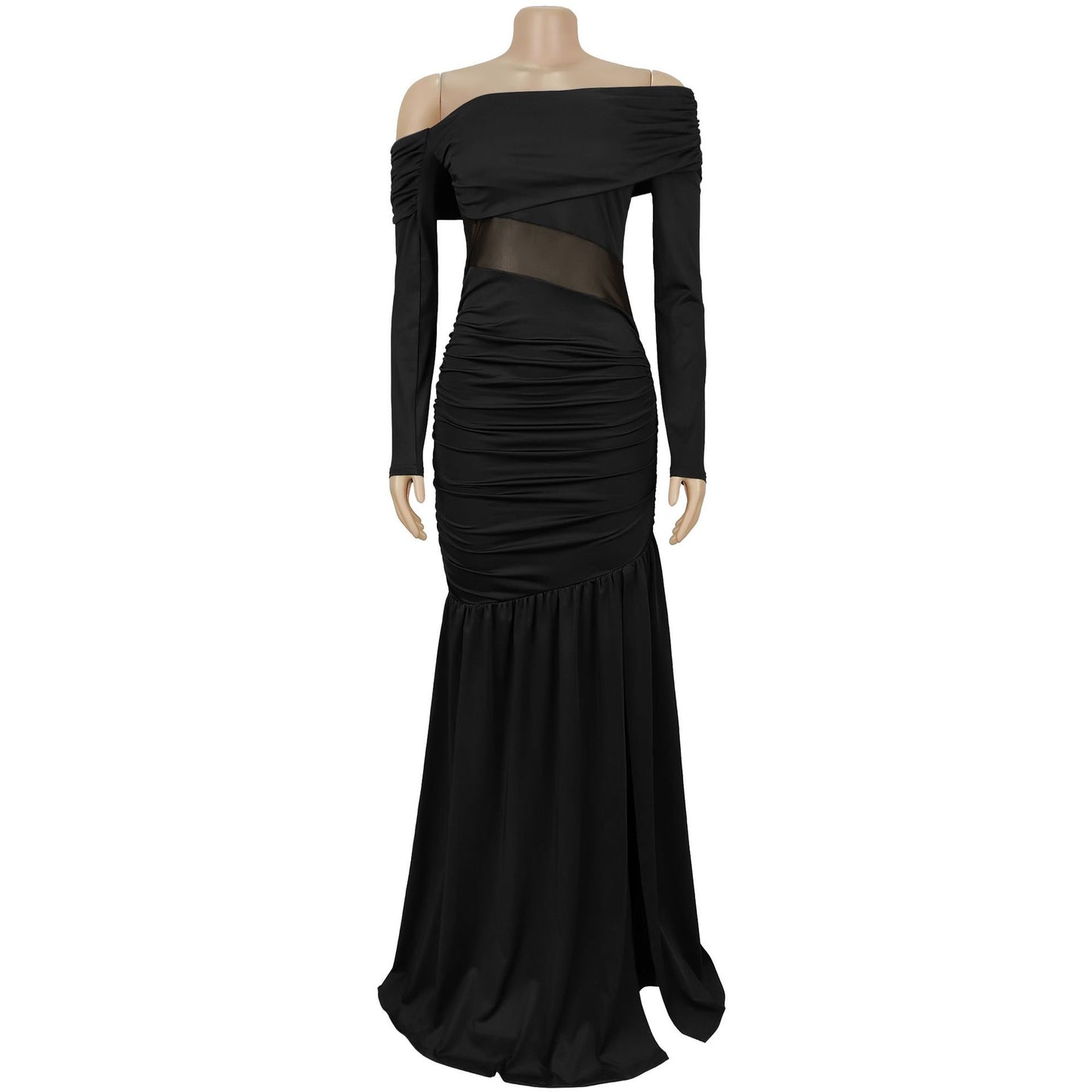 MB1614 Off-the-Shoulder Mesh Cutout Ruched Maxi Dress with Slit