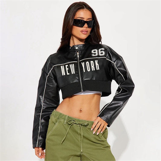 MB1106 Black Cropped PU Leather Bomber Jacket