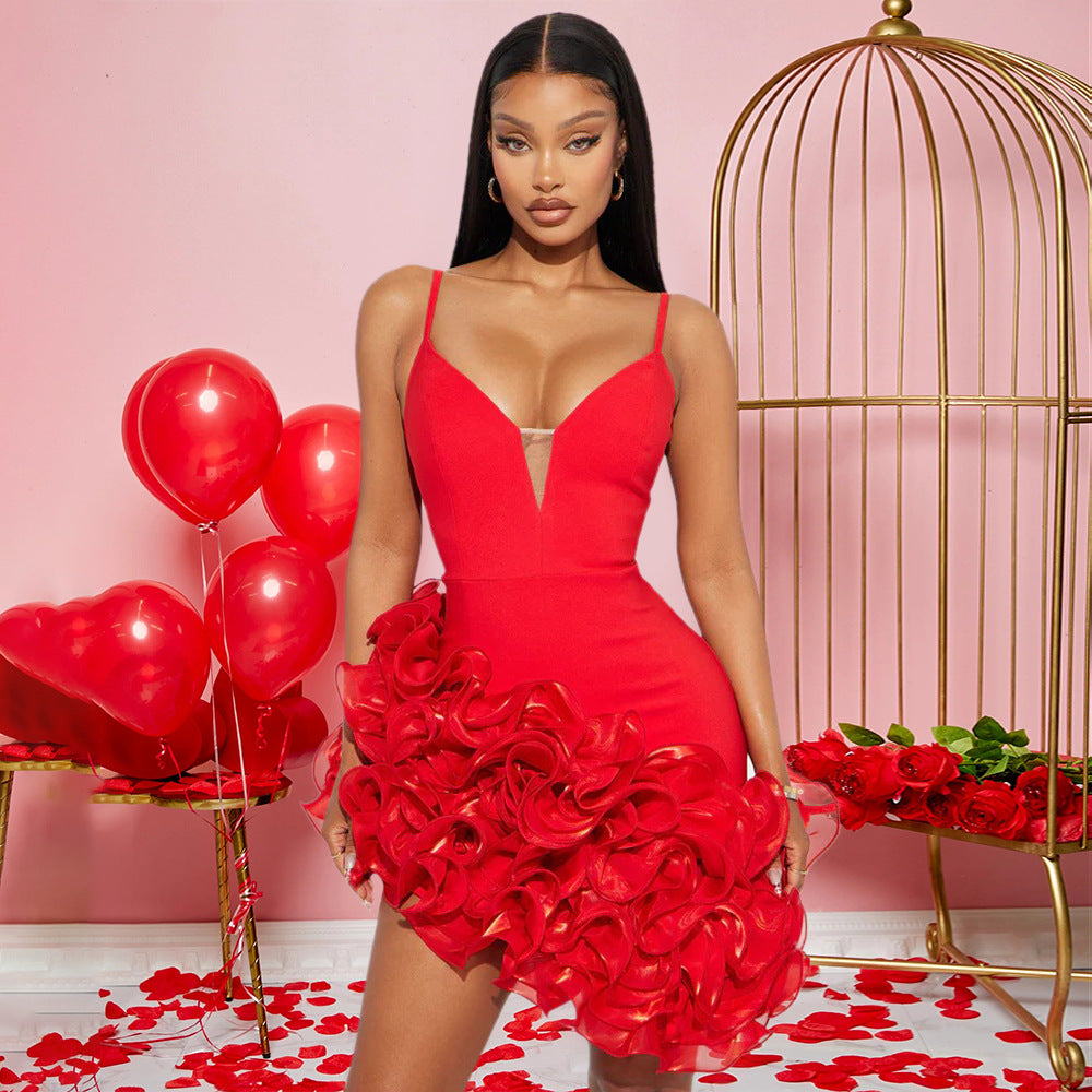 MB1213 Women's Deep V Ruffle Hem Mini Dress