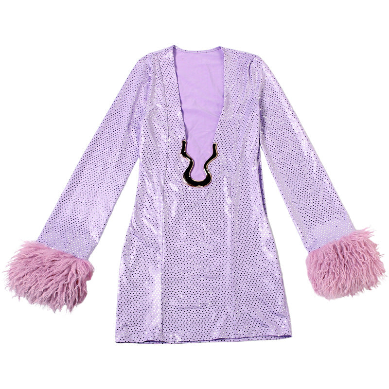 MB1143 Sequin Deep V Mini Dress with Feather Cuffs