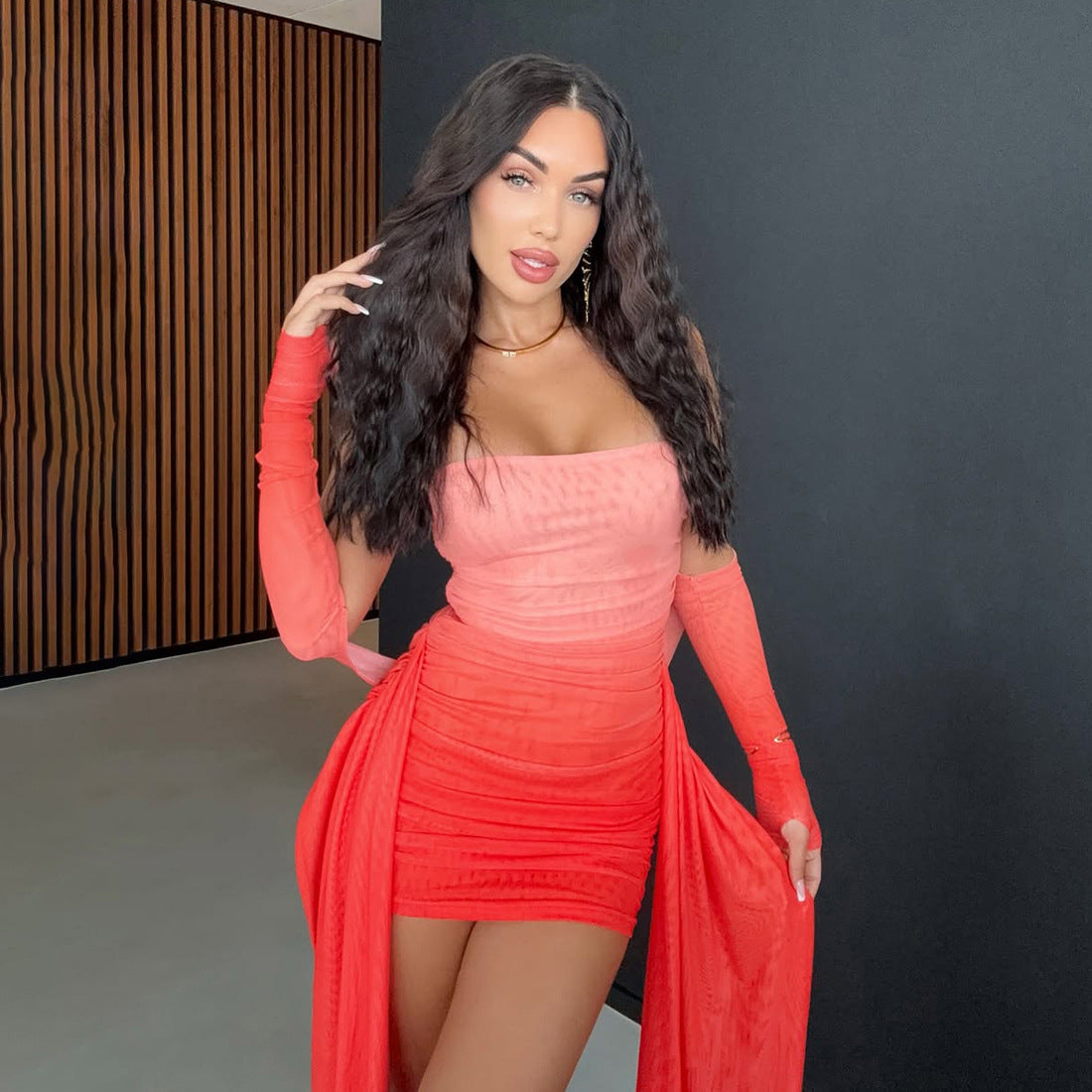 MB1809 Women's Pink-to-Red Gradient Ruched Mini Dress