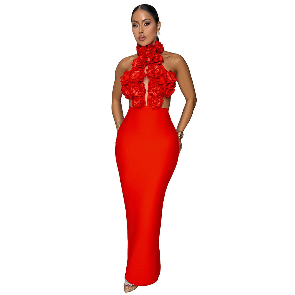 MB1227 Red 3D Floral Applique Halter Maxi Dress | Backless Bodycon Evening Gown