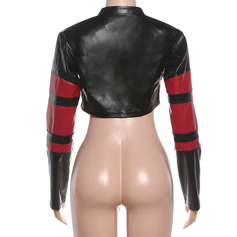 MB1150 Women’s Black & Red Color Block Cropped Faux Leather Moto Jacket