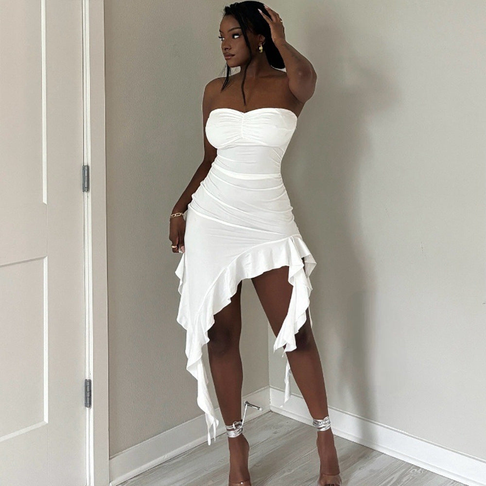 MB1228 White Strapless Ruffle High Low Bodycon Mini Dress | Ruched Party Dress