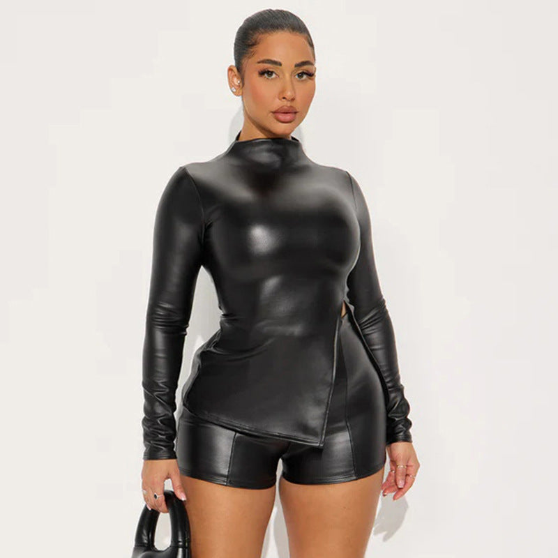 MB10122 Faux Leather Long Sleeve Split Top & High Waist Shorts