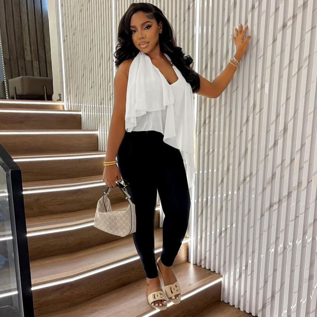 MB1522 Draped Asymmetric Halter Neck Top